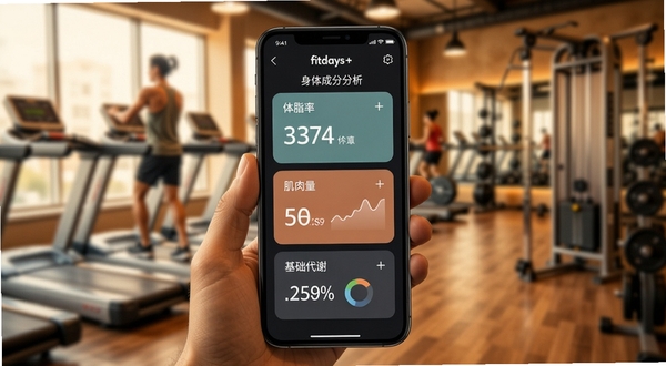 Fitdays+身体成分分析页面，画面主体为手机屏幕显示体脂率、肌肉量、基础代谢等多项指标卡片，背景为健身房场景虚化处理，色调偏暖，突出数据可视化细节，适配Boogu模型生成