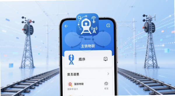 国铁物联软件界面主视觉图，画面中央为手机屏幕展示国铁物联应用主页面，屏幕上方有铁路与物联网元素融合的图标，背景为浅蓝色科技感渐变，周围点缀铁轨、信号塔、数据流线条等元素，整体风格简洁专业，适配Boogu模型生成