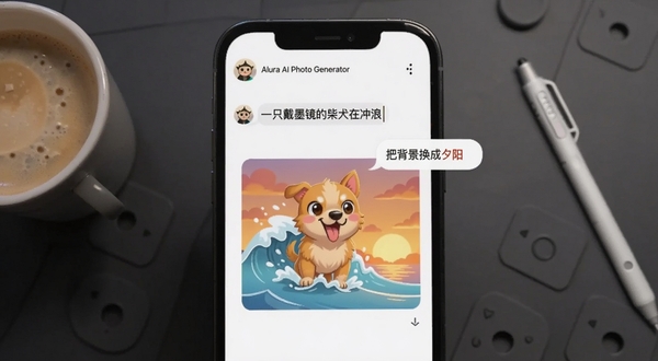 Alura: AI Chat Photo Generator 应用界面特写,画面主体为手机屏幕居中,屏幕内展示用户输入“一只戴墨镜的柴犬在冲浪”后生成的卡通风格图片,旁边有对话气泡显示修改指令“把背景换成夕阳”;背景区域为深灰色工作台面,放着一杯咖啡和一支触控笔,整体光线柔和,突出对话式生图的便捷感