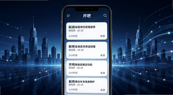开吧本地资讯推送功能界面展示,手机屏幕中显示资讯列表卡片,包含新闻标题、时间标签、来源标识,背景为城市剪影与信息流线条,软件名称开吧出现在顶部导航栏,现代科技感风格