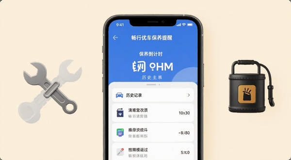 畅行优车保养提醒功能界面，手机屏幕显示保养倒计时与历史记录列表，旁边有扳手与机油桶图标装饰，背景为柔和米色，突出提醒与记录功能，适配Boogu模型生成