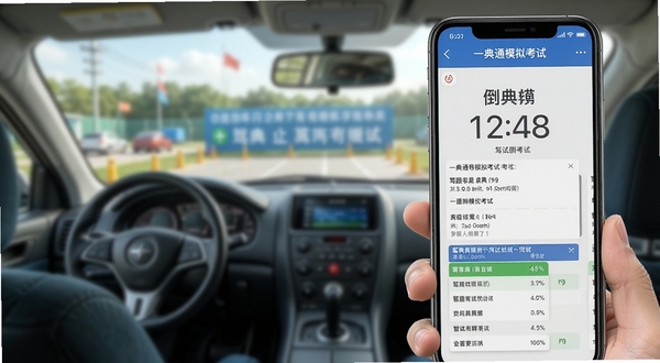 驾驶考试一典通模拟考试界面,手机屏幕显示倒计时与答题卡,背景为驾考考场虚化场景,画面主体为手机与考试题目,风格写实明亮,适配Boogu模型生成