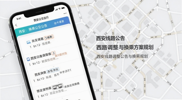 西安公交出行软件内展示公交线路调整公告与换乘方案规划界面，画面主体为手机屏幕中清晰罗列的换乘步骤与公告文字，背景区域为淡灰色城市交通线网抽象纹理，风格商务简洁