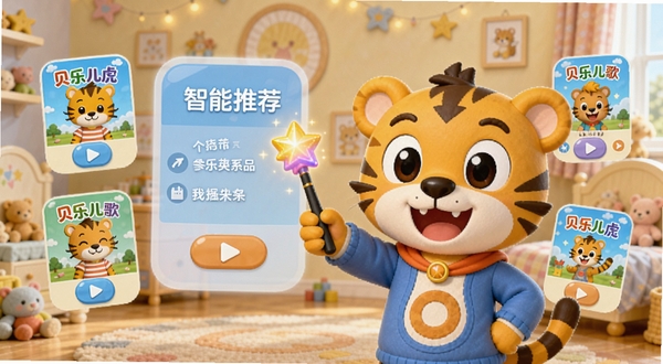 贝乐虎儿歌 智能推荐界面展示图 画面中贝乐虎卡通形象手持魔法棒 周围漂浮着各种儿歌封面和播放按钮 背景是温馨的儿童房 色彩柔和明亮 体现个性化推荐功能