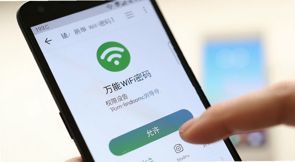一部安卓手机特写，屏幕上显示万能wifi密码的权限设置引导页面，手指正点击“允许”按钮，背景虚化处理，色调明亮柔和，突出操作指引的清晰感，适合作为教程配图