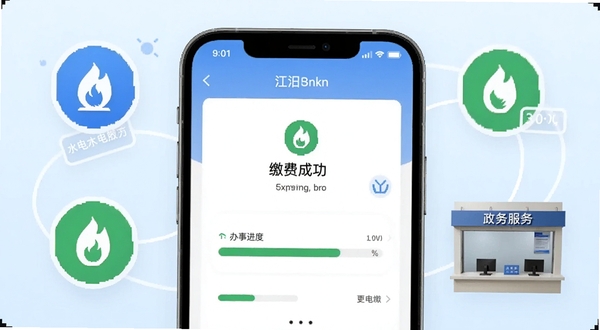 最江阴应用内政务办事与生活缴费功能界面特写,画面中心为手机屏幕展示缴费成功页面与办事进度条,周围环绕水电燃气图标与政务服务窗口元素,背景为淡蓝色渐变,简洁商务风格,适配Boogu模型生成