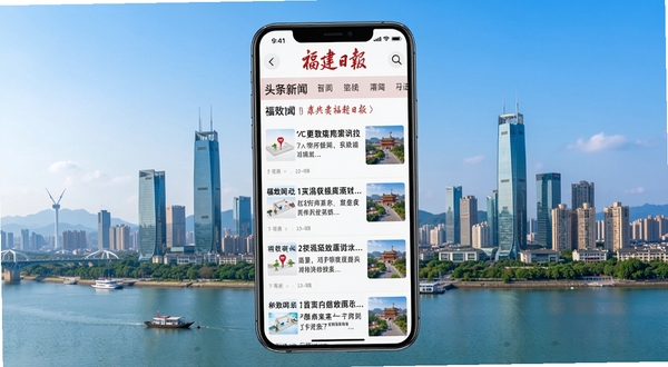 新福建新闻资讯界面展示,手机屏幕中显示福建日报头条新闻列表,背景是福州城市天际线,画面明亮清晰,细节丰富