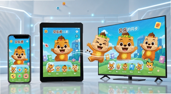 贝乐虎儿歌 多端同步功能展示图 画面左侧是手机 中间是平板 右侧是电视 三个设备屏幕上都显示贝乐虎儿歌界面 贝乐虎卡通形象在设备之间跳跃 象征数据同步 背景简洁科技感