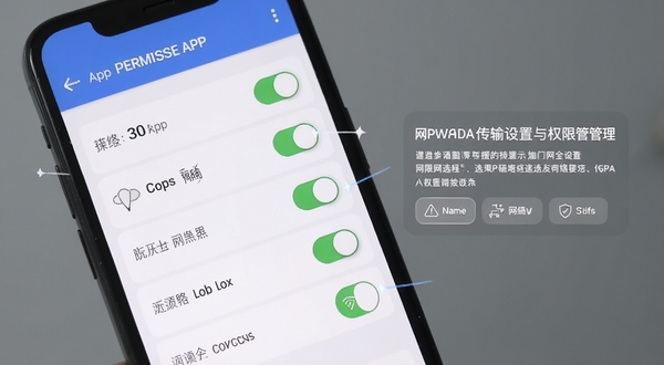 Copus App 传输设置与权限管理界面，画面展示手机屏幕上的权限开关列表和网络选择选项，背景为柔和的灰色调，突出操作引导与安全提示