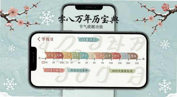 大字万年历宝典节气提醒功能界面截图风格展示，画面主体为手机屏幕内显示的二十四节气时间轴与节假日标注，背景区域为淡雅的青绿色调，点缀梅花与雪花元素，体现四季更迭的时间感