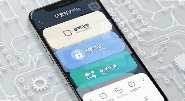 新教育学生端移动端使用技巧示意图,画面展示一部智能手机屏幕,屏幕上分层显示权限设置、缓存清理、网络切换等操作图标,背景为浅灰色科技纹理,整体风格简洁直观,突出实用操作指南属性