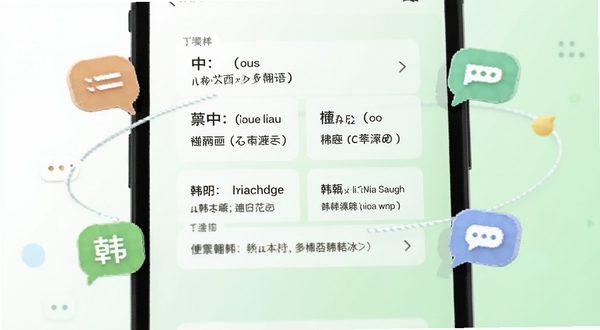译语翻译通多语种翻译界面特写,画面中央展示中英日韩四种语言对照的翻译结果卡片,背景为柔和的白色与淡绿色渐变,手机屏幕周围环绕漂浮的语言气泡图标,整体风格清新明快