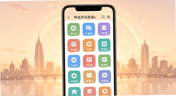 整体展现怀化开元生活应用首页界面,画面中心位置为手机屏幕内展示本地生活服务图标矩阵,背景区域为怀化城市剪影与柔和暖色调光晕,画面风格简洁明快,突出便民生活主题