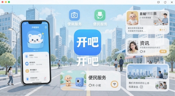 开吧软件主界面全景展示,画面中央是开吧应用图标与名称,背景区域为现代城市生活场景,包含手机屏幕、便民服务图标、资讯卡片等元素,整体色调清新明亮,扁平化设计风格,适配Boogu模型生成