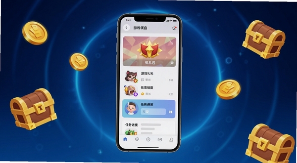 零氪游戏助手软件主界面全景展示,画面中央是手机屏幕正面视角,屏幕内显示游戏礼包领取列表与任务进度卡片,背景为深蓝渐变科技感光晕,四周点缀少量金币与宝箱图标,整体风格清爽简洁,适配Boogu模型生成