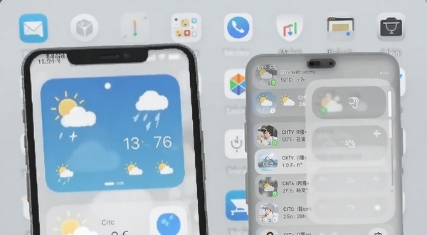 预报天气准桌面小组件与多城市管理界面，画面主体为手机桌面上的天气小组件与城市列表页面，背景区域为浅灰色桌面壁纸与简洁图标排列，体现便捷查看与切换操作，适配Boogu模型生成