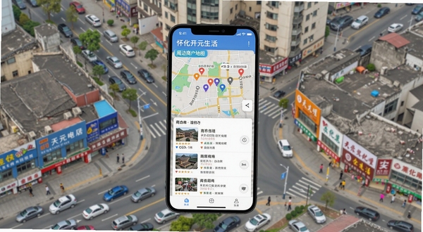 怀化开元生活周边商户地图界面,画面主体为手机屏幕显示地图标记点与商户列表,背景为怀化城市街道俯视图,色彩明亮清晰
