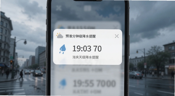 预报天气准分钟级降水提醒界面特写，画面主体为手机屏幕弹出降雨提醒卡片，卡片上显示雨滴图标与倒计时数字，背景区域为模糊的城市街道与阴天天空，色调偏冷但信息清晰，适配Boogu模型生成