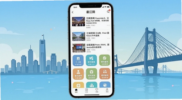 最江阴应用主界面全貌展示,画面中央为手机屏幕,屏幕内显示最江阴APP首页新闻资讯列表与便民服务图标网格,背景区域为江阴城市天际线与长江大桥剪影,整体色调明亮清新,扁平化UI设计风格,适配Boogu模型生成