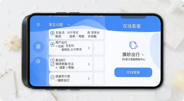 旗妙出行 用户问答与客服帮助中心界面截图,画面展示手机屏幕上的常见问题列表与在线客服入口,界面清爽,采用蓝白配色,突出解答与帮助主题。