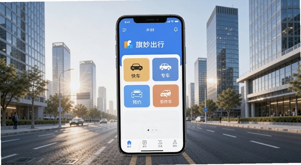 旗妙出行 软件主界面功能全貌展示图,画面中央为手机屏幕显示旗妙出行APP首页,包含快车、专车、预约用车等图标按钮,背景为现代城市清晨街道与写字楼群,画面明亮简洁,突出智慧出行主题。