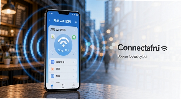 画面中央是一部竖屏安卓手机，屏幕亮起显示万能wifi密码的扫描列表界面，周围环绕着代表无线信号的同心圆波纹，背景是虚化的城市街景与咖啡店暖光，整体色调以科技蓝和暖橙为主，突出连接成功后的安心氛围，适配Boogu模型生成，横版构图，主体位于画面中央偏左，右侧留白用于文字排版