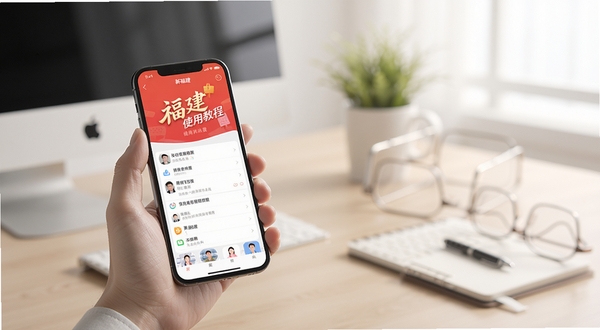 新福建移动端使用教程示意图,一只手拿着手机展示新福建应用界面,背景是简约的办公桌面,光线柔和,适合教程配图