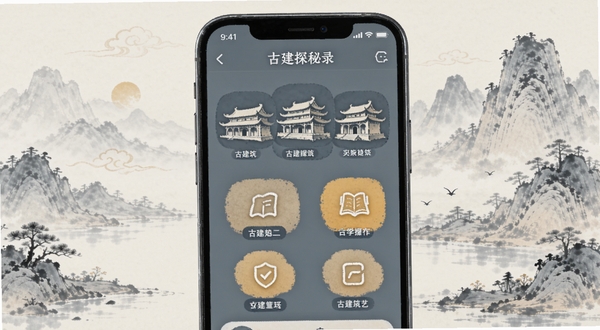 古建探秘录应用主界面展示，画面主体为一部智能手机竖屏显示古建筑探索应用首页，背景区域为淡雅的中国传统水墨山水画风格，手机屏幕中清晰呈现古建筑轮廓图标与各类功能入口，整体色调以青灰与暖黄为主，营造出古韵悠长的视觉氛围，适合Boogu模型生成