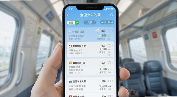 全国火车票查询购票应用界面展示,手机屏幕中央显示车次列表与余票信息,背景为浅蓝色渐变,画面简洁明亮,突出查询功能