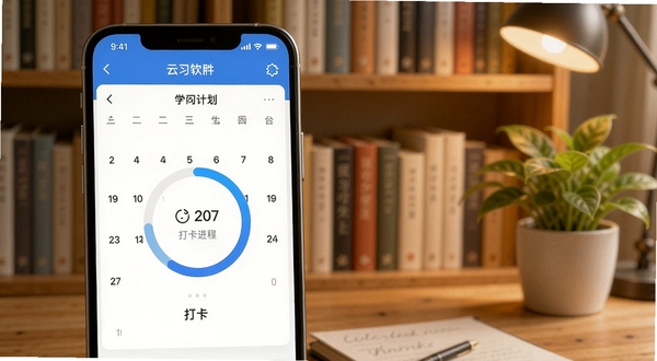 云习学习计划打卡功能界面特写，手机屏幕显示日历视图与打卡进度环，画面背景为暖色调书房环境，书架上排列整齐的书籍，桌面有绿植点缀，突出时间管理与自律氛围，云习软件名显示在屏幕顶部