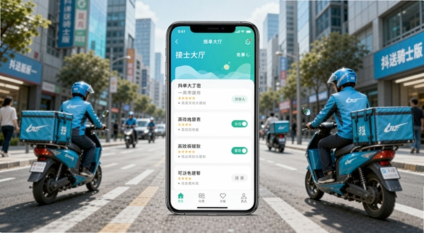 抖送骑士版APP主界面全貌展示,画面中央为手机屏幕中的接单大厅列表,背景为城市街道与骑手配送场景,整体色调明亮清新,突出高效配送氛围