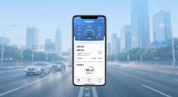 车管之星平台核心功能全貌展示,画面主体为居中悬浮的智能手机界面,屏幕内呈现车辆管理仪表盘、违章记录卡片与年检倒计时模块,背景为柔和的浅蓝色渐变城市道路虚化场景,整体风格清爽商务,适合软件下载站头图使用