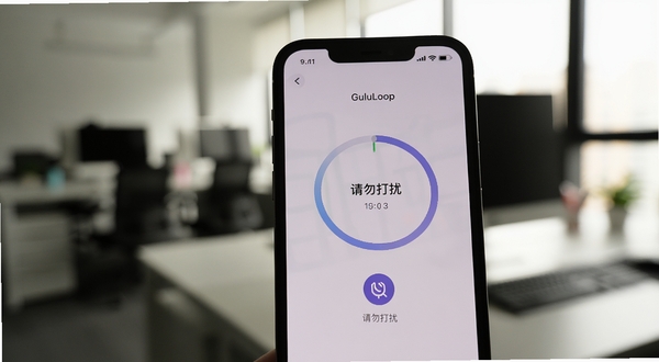 画面主体为一部手机屏幕特写，屏幕显示GuluLoop专注模式界面，有倒计时圆环与“请勿打扰”图标，背景为模糊的办公室场景，光线柔和，突出GuluLoop自定义提醒与专注模式的沉浸感。