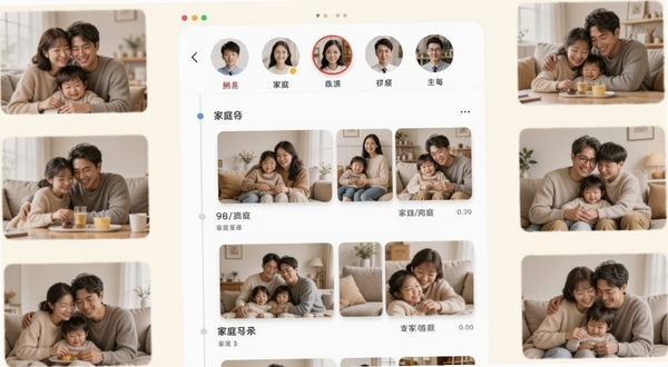 网易亲时光应用主界面全貌展示，画面中央为家庭相册时间线布局，顶部有家庭成员头像栏，背景为温暖的米白色调，四周点缀温馨家庭生活照片缩略图，整体风格简洁清爽，适配Boogu模型生成