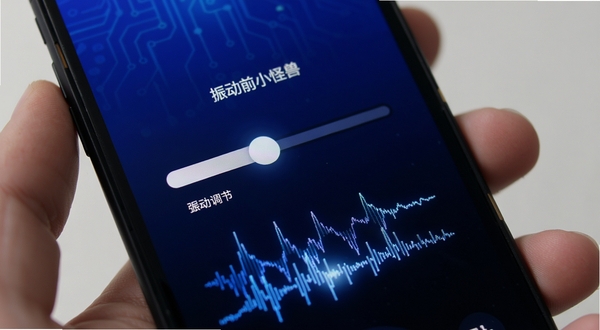 振动小怪兽 振动强度调节界面 手机屏幕特写 显示强弱滑块和节奏波形 背景为深蓝色渐变 科技感光效 画面简洁清晰