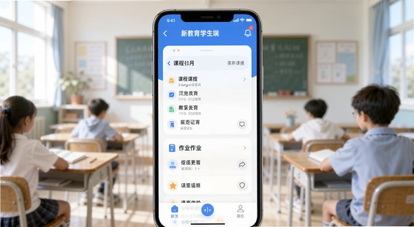 一款名为新教育学生端的移动应用主界面展示图,画面中央为手机屏幕特写,屏幕内呈现课程表与作业列表的卡片式布局,背景为明亮柔和的教室场景虚化效果,整体色调以蓝白为主,突出教育科技感与清新视觉风格,适配Boogu模型生成