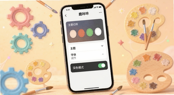 鹿咔咔个性化设置界面展示，画面显示手机屏幕内鹿咔咔设置页面，包含主题切换、字体调节、深色模式开关等选项，背景为柔和暖色调，手机周围散落彩色齿轮与调色板元素，体现个性化定制概念