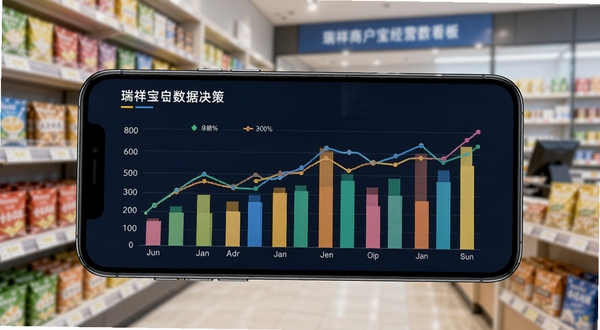 瑞祥商户宝经营数据看板,画面为手机屏幕展示彩色柱状图与折线图,背景是模糊的店铺货架,数据线条清晰,色调明快,体现数据驱动经营决策的现代商业场景