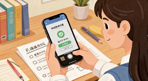 新教育学生端作业提交界面截图风格插画,画面中一名中学生正用手机拍摄纸质作业并上传,手机屏幕显示提交成功动画,背景为书桌与学习用品,整体采用扁平化插画风格,色彩明快,突出便捷操作与学习场景