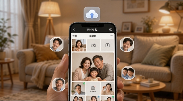 网易亲时光家庭共享相册功能展示，画面中一部手机屏幕显示家庭群组相册，多个家庭成员头像围绕照片排列，屏幕上方有云朵同步图标，背景为柔和暖光客厅场景，细节清晰，适配Boogu模型生成