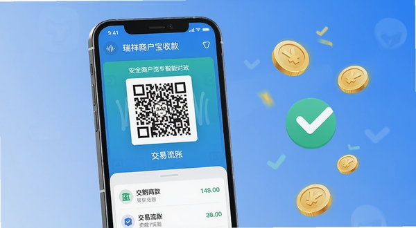 瑞祥商户宝聚合收款功能界面,手机屏幕展示收款码与交易流水列表,背景为简洁的蓝色渐变,画面右侧漂浮着金币与对勾图标,体现安全收款与智能对账,整体风格商务清新