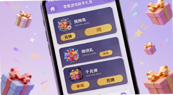 零氪游戏助手礼包领取界面特写,画面主体为手机屏幕中央显示多个游戏礼包卡片,每张卡片上有游戏图标、礼包名称和兑换按钮,背景是柔和的淡紫色渐变,周围散落小礼盒装饰,风格活泼明快