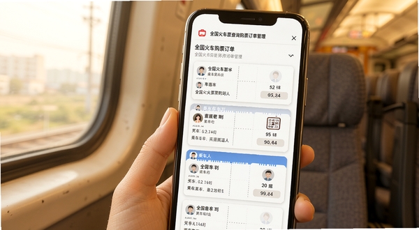 全国火车票查询购票订单管理页面,手机屏幕展示多张车票卡片与乘车人信息,背景为柔和暖色,画面温馨实用