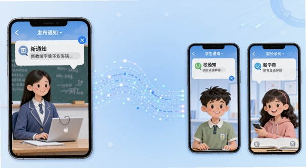 新教育学生端家校互通功能示意图,画面左侧为老师端发布通知,右侧为学生和家长手机端接收消息,中间用数据流线条连接,背景为淡蓝色渐变,整体风格简洁现代,突出信息传递的即时性与可靠性