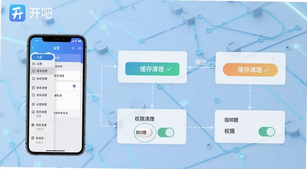 开吧移动端操作界面与问题排查流程图,画面展示手机屏幕、设置菜单、缓存清理按钮、权限开关等元素,背景为淡蓝色科技纹理,软件名称开吧清晰可见,信息图风格