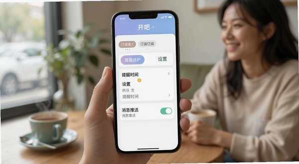 开吧个性化订阅设置界面,手机屏幕展示订阅标签选择、提醒时间设置、消息推送开关等选项,界面配色柔和,图标简约,软件名称开吧位于页面顶部,生活化场景背景