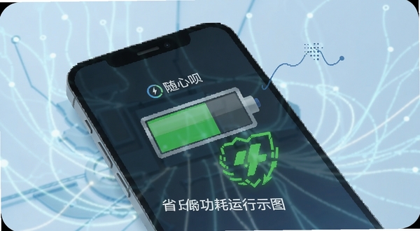随心呗在手机后台低功耗运行的示意图，画面展示手机电池图标与绿色节能标识，背景为淡蓝色科技感光效，突出省电特性
