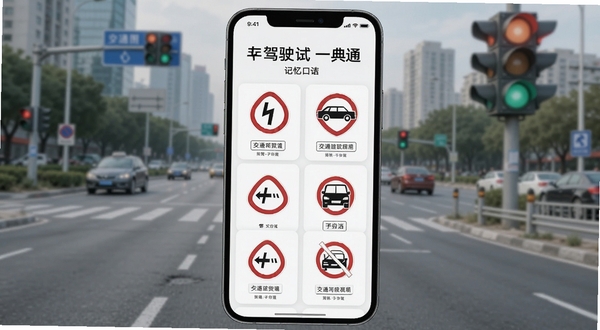 驾驶考试一典通交通标志图解页面,手机屏幕展示多种交通标志卡片与记忆口诀,背景为城市道路与信号灯虚化,画面主体为手机与标志图集,风格清晰直观,适配Boogu模型生成