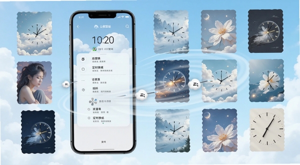 云絮壁纸自动换装功能示意图,手机屏幕显示定时换壁纸的设置面板,旁边环绕多张不同风格壁纸的缩略图,画面呈现时间流逝与壁纸轮换的动感效果,整体色调清新明快