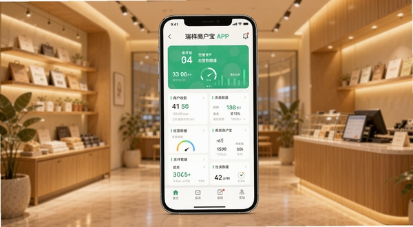 瑞祥商户宝APP主界面展示,画面中央放置一部智能手机,屏幕显示商户收款与经营数据仪表盘,背景为暖色调的现代商铺环境,柔和光线,扁平化设计风格,突出瑞祥商户宝核心功能全貌